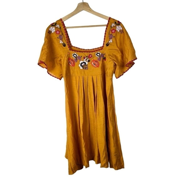 Madewell Yellow Embroidered Square Neck Short Sleeve Mini Dress S - Picture 2 of 5
